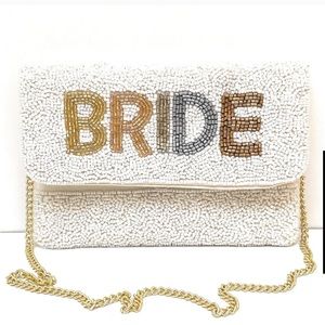 Beaded BRIDE cross body or clutch bag with gold chain